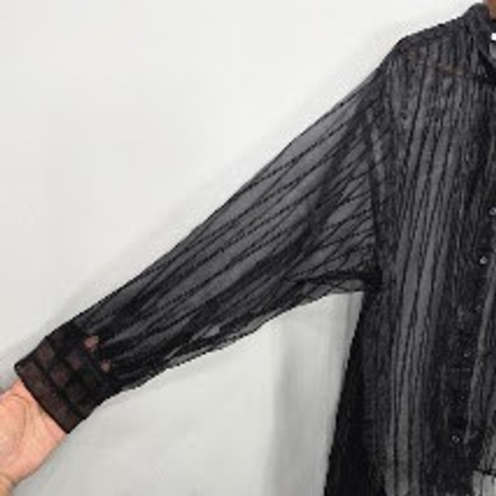 DR2 Sheer Button Down Tunic Top L Black Striped Embroidered Goth Minimalist - Picture 2 of 12